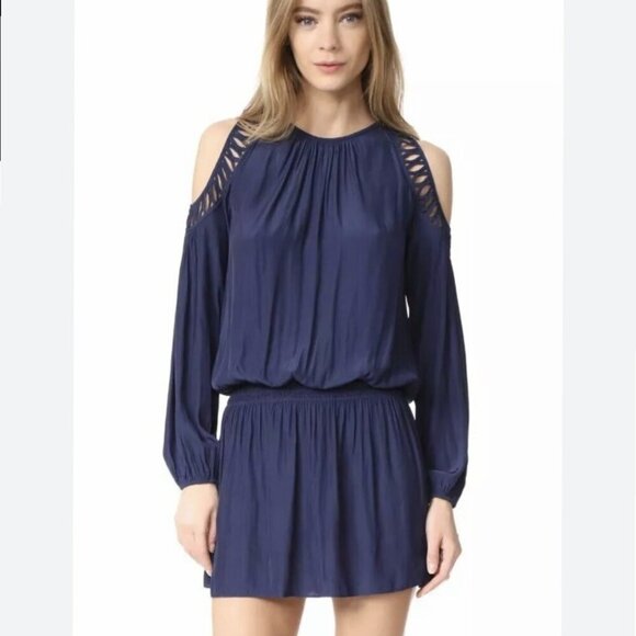 RAMY BROOK XS Navy Satin Cold Shoulder Mini Dress NWT - Picture 2 of 8